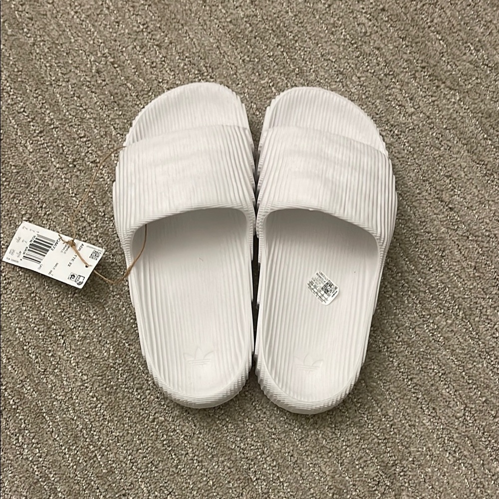 adidas White Ribbed Slide Sandals